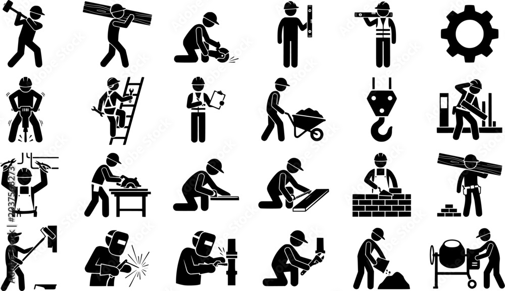Obraz premium Construction Workers and Engineering Black Silhouette Icon Set Featuring Builders Welders Surveyors Tools Machinery and Industrial Labor Vector Collection