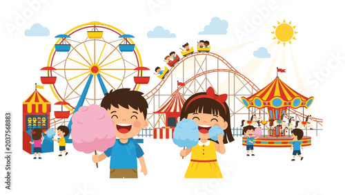 Fotografie Amusement Park Fun: Two smiling children enjoy fluffy cotton candy in front of a vibrant Ferris wheel and thrilling roller coaster at a bustling amusement park under a bright sunny sky