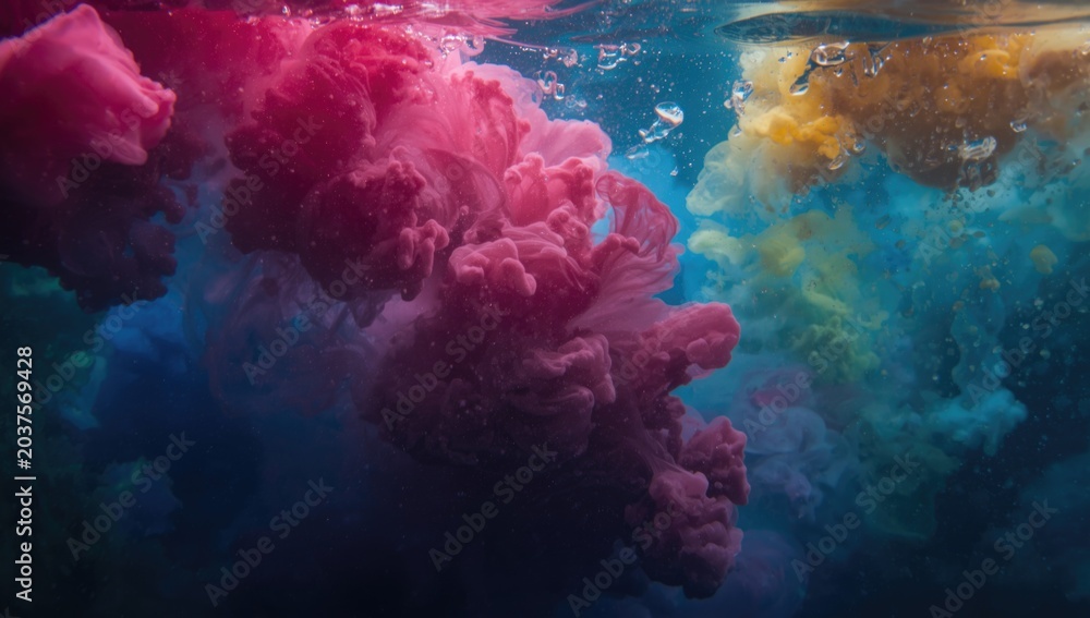 Fototapeta premium Bright inks flowing and mixing underwater vividly