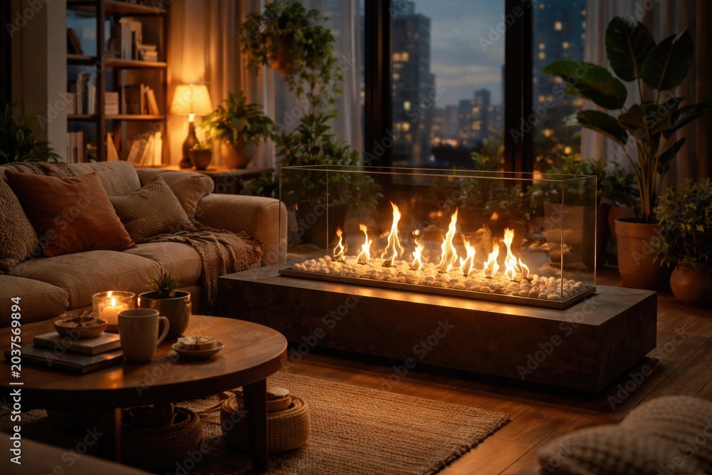 Fototapeta premium Renewable fuel bio fireplace lighting up a trendy apartment with inviting indoor warmth