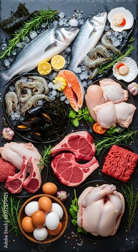 Fresh raw meat seafood poultry and eggs on dark stone background