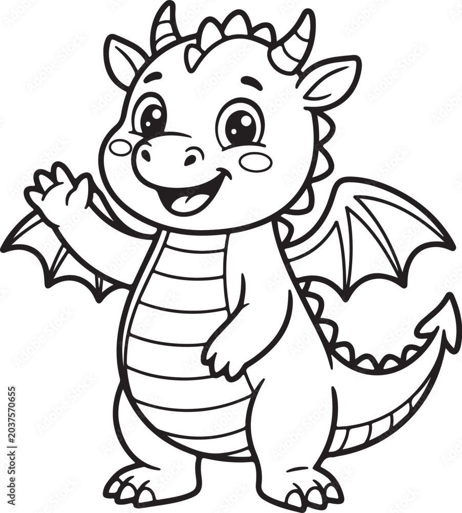 Fototapeta premium Dragon coloring page for kids. Cute cartoon dragon illustration. Mythical creature line art. Coloring book page vector. Black and white dragon outline. Fantasy animal activity sheet. Printable dragon 