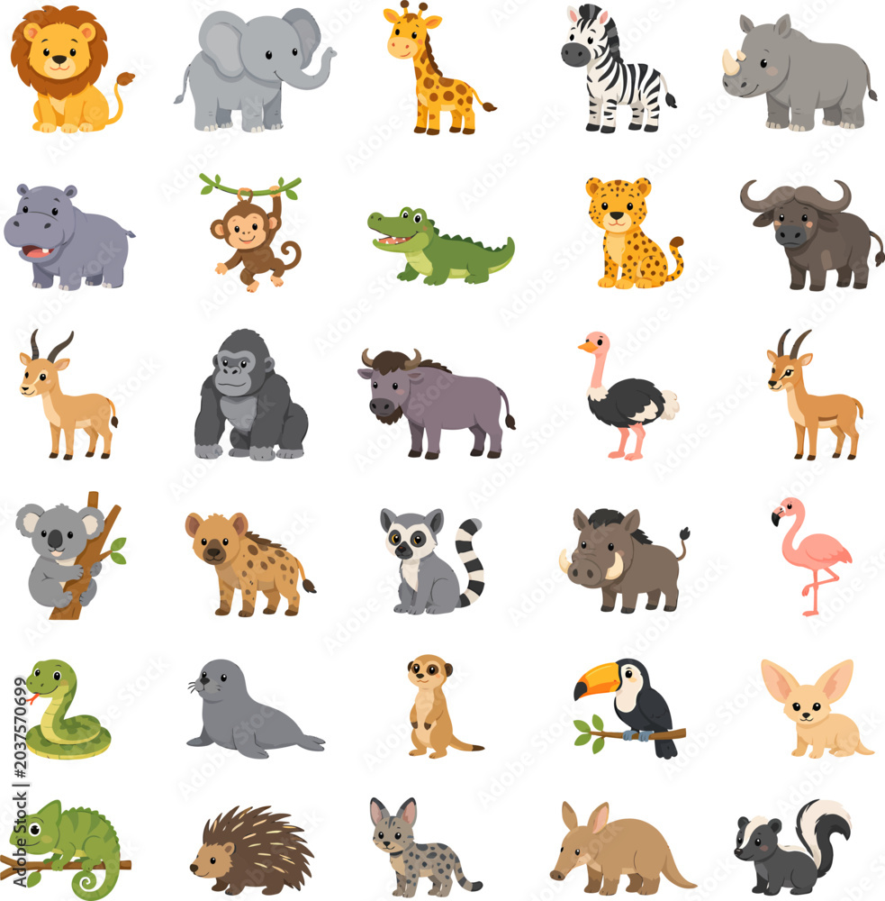 Obraz premium Cute cartoon wild animal collection, ideal for children's educational content, playful graphic designs, and engaging learning resources, featuring diverse global wildlife