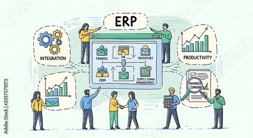 Enterprise resource planning system infographic with business team
