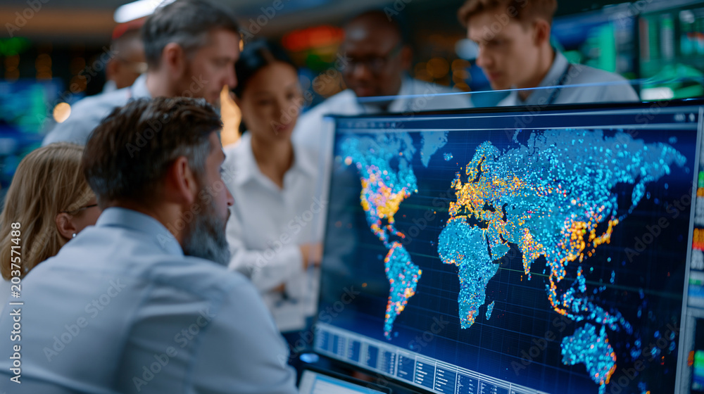 Fototapeta premium World map data points glowing on a translucent acrylic panel mounted in a hospital emergency operations center, group of administrators clustered around the display tracking patient transfer volumes