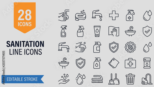 Billede på lærred Contain icons related to sanitation, hygiene, antiseptic, clean, health, soap, disinfect, water, and more