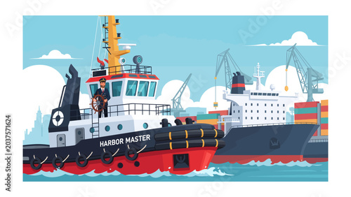 Fotografía Harbor Master's Command: A sturdy tugboat, identified as the Harbor Master, stands ready at the helm, positioned beside a colossal cargo ship in a bustling port