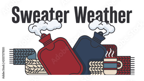 Valokuva Cozy Sweater Weather: Embrace the warmth of autumn with steaming hot water bottles, knitted scarves, and a steaming mug, all set to the iconic phrase Sweater Weather