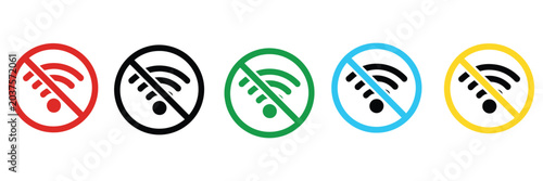 Photos No Wifi and Wireless Connection Prohibition icon set with forbidden signal symbols for offline zones and secure area signage