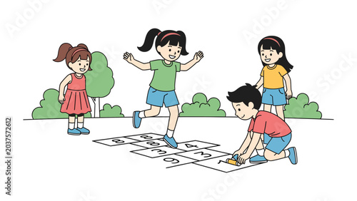 Foto Children Playing Hopscotch: A group of happy children enjoys a lively game of hopscotch outdoors on a sunny day, with one child mid-jump and another ready to toss a marker