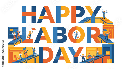Foto Happy Labor Day Typography: Vibrant typography spells out Happy Labor Day with stylized letters, showcasing diverse workers engaged in various industrial tasks