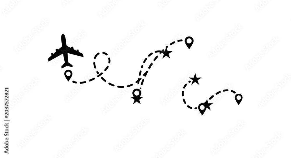 Obraz premium Airplane flight path doodle with map pins and star icons.