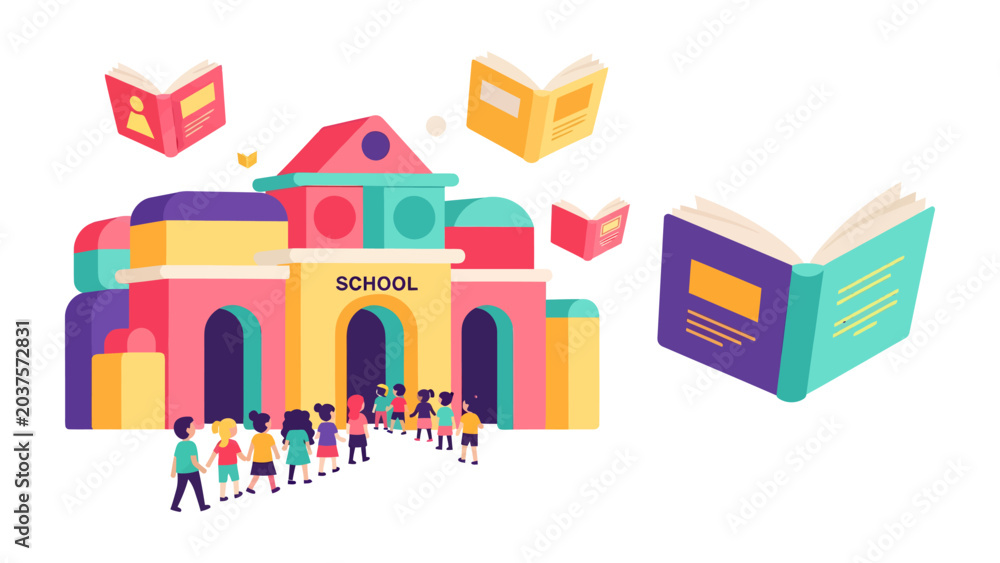 Obraz premium School of Knowledge: Children line up to enter a vibrant school building, with open books floating around, symbolizing education and learning.