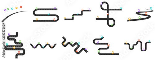 Road Map Winding Path Navigation Pin Icons Flat Vector Set for Infographic Logistics Presentation