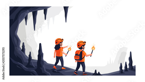 Photos Children Exploring a Cave: Two young adventurers, equipped with helmets and torches, venture into the mysterious depths of a dimly lit cave