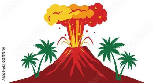 Illustration of an erupting tropical volcano with palm trees.