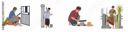 Fotografía Set of flat illustrations featuring Indonesian men in traditional sarongs and headgear sharpening machetes and working in agricultural and industrial environments