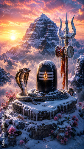Majestic Shiva Lingam on Large Sacred Mountain 
with Trishul at Golden Sunset, Grand Mahadev 
Divine Symbol Hindu Mythology Art