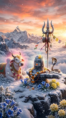 Sacred Shiva Lingam with Nandi Bull Cobra 
and Trishul Floating on Clouds at Sunset, 
Mahadev Divine Symbol Hindu Fantasy Art