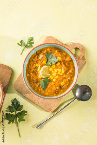 Homemade Corn Chowder in a Bowl, top view. Flat lay, overhead, from above. Close-up.
