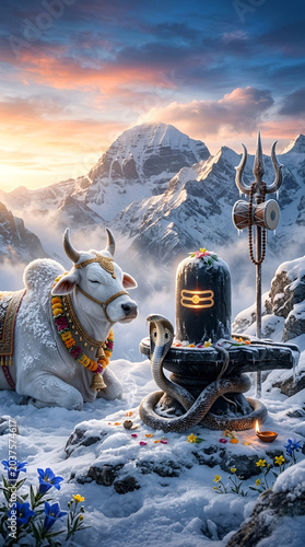 Sacred Shiva Lingam with White Nandi Bull 
and Blue Flowers in Snow, Mahadev Divine 
Symbol Hindu Spiritual Art