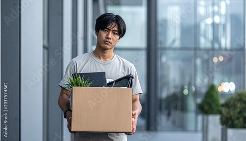 A sad male employee wearing a casual t-shirt holding a cardboard box of personal belongings after a sudden company layoff notice.