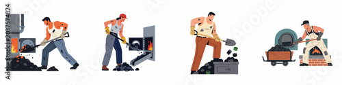 Foto Set of illustrations depicting diverse workers shoveling coal into industrial furnaces for heat and energy production in a flat cartoon style