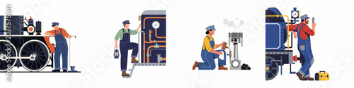 Bilde på lerret Set of flat vector illustrations featuring railroad workers, engineers, and mechanics maintaining and inspecting vintage steam locomotives and mechanical engine parts