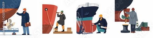 Fotografie Maritime industry professional set featuring ship captains and engineers inspecting, measuring, and navigating large vessels in a shipyard and dockyard