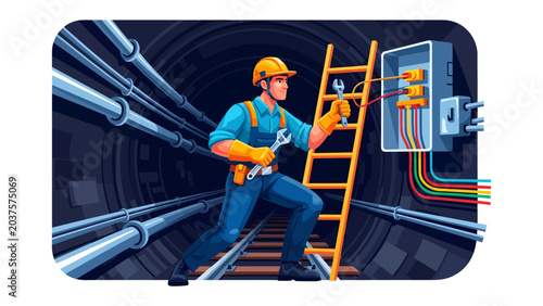 Bild auf Leinwand Electrician at Work in Tunnel: A determined electrician in hard hat and safety gear ascends a ladder to work on a junction box within a dark tunnel filled with conduits and pipes
