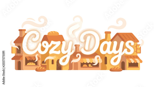Quadro su tela Cozy Bakery Streetscape: A charming illustration depicts a quaint street lined with cozy bakeries, emitting warm steam and showcasing fresh baked goods, evoking a feeling of comfort and deliciousness