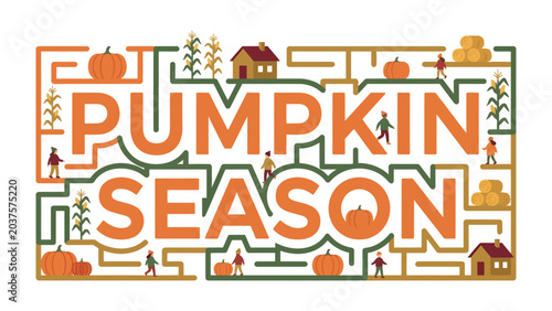 Bild auf Leinwand Pumpkin Season Maze: A whimsical illustration depicts the words PUMPKIN SEASON integrated into a colorful maze, adorned with pumpkins, corn stalks, and small figures