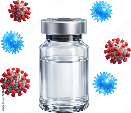 COVID 19 on transparent background with vaccine vial for medical research