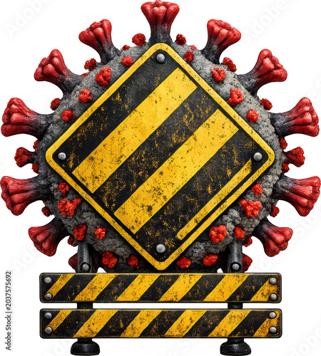 Covid 19 on transparent backgground with yellow hazard warning sign
