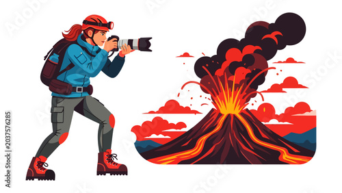 Photos Volcano Photographer: A determined photographer, equipped with a camera and backpack, captures the dramatic spectacle of a volcanic eruption, showcasing the raw power of nature and human curiosity