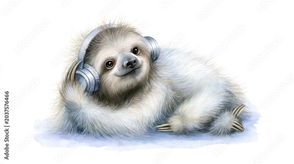 Fototapeta premium Cute sloth listening to music with headphones