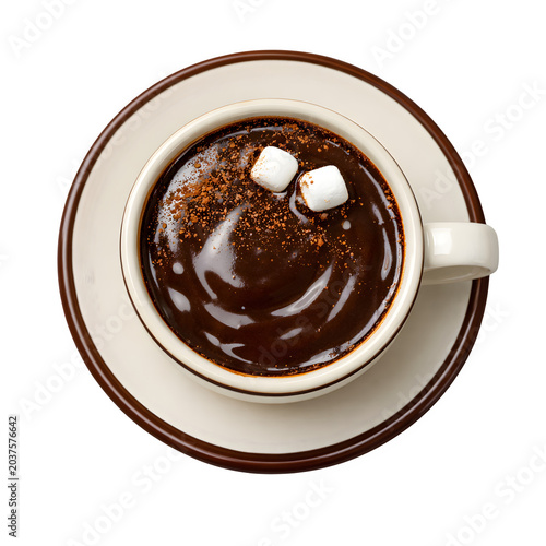 Top View of Hot Chocolate in White Coffee Cup with Marshmallows Isolated on Transparent PNG Background