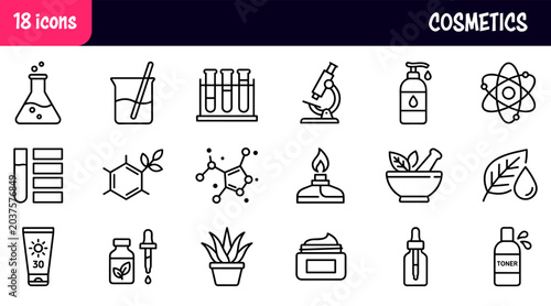 Cosmetic chemistry icon set with laboratory glassware, plant extract, molecular structure, and skincare product