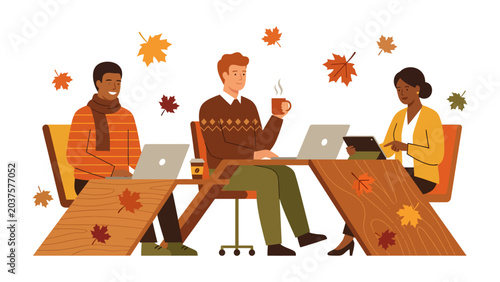 Картината върху платно Autumnal Office Vibes: Three colleagues enjoy a cozy workday surrounded by falling autumn leaves, coffee, and laptops, embodying a relaxed and collaborative workspace