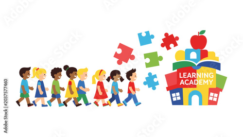 Cuadro en lienzo Children Marching Towards Learning Academy: A diverse group of children, happily marching in single file, approach a colorful building representing a learning academy