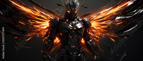Dark armored warrior with glowing orange wings and eyes