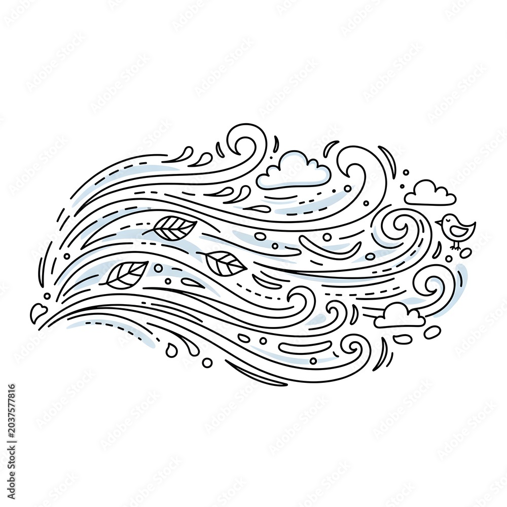 Fototapeta premium Stylized line art illustration of strong wind blowing, carrying leaves, clouds, and a small bird, depicting a breezy or windy weather condition.