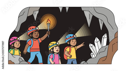 Quadro su tela Children Exploring a Cave: A group of four diverse children, equipped with helmets and flashlights, venture into a dimly lit cave, their curious gazes fixed on the crystalline formations within