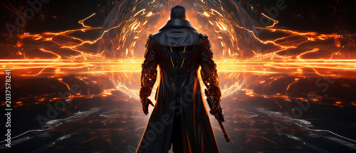 Cyberpunk character in long black coat with glowing orange futuristic city background