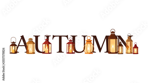 Photos Autumn with Lanterns: The word Autumn is beautifully displayed, with each letter incorporated into or alongside a decorative lantern, casting a warm, inviting glow