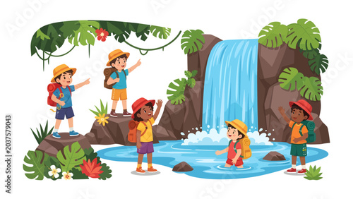 Billede på lærred Jungle Adventure for Kids: A group of diverse children embark on a thrilling jungle adventure, exploring a majestic waterfall and lush tropical foliage