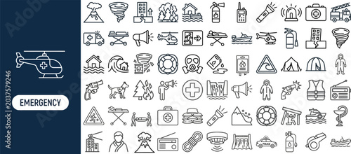 Emergency and Rescue Service outline icon set. Featuring helicopter, ambulance, alarm, first aid, and siren symbols. Editable stroke vector icons for emergency response app and rescue service.