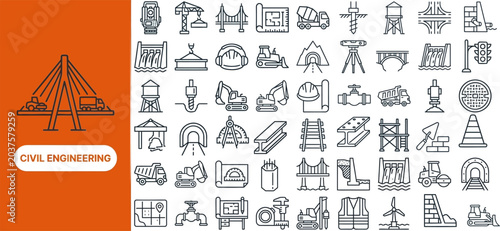 Construction and Civil Engineering outline icon set. Featuring bridge, crane, excavator, blueprint, and surveyor symbols. Editable stroke vector icons for contractor site and building app.