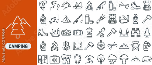 Tableau sur toile Campsite and Outdoor Activity outline icon set