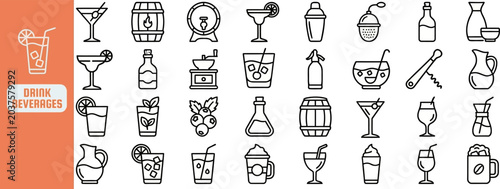 Schilderij op canvas Alcoholic Beverage and Bar outline icon set